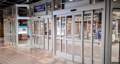 Photo of several new sliding entrance doors at Tower City Station