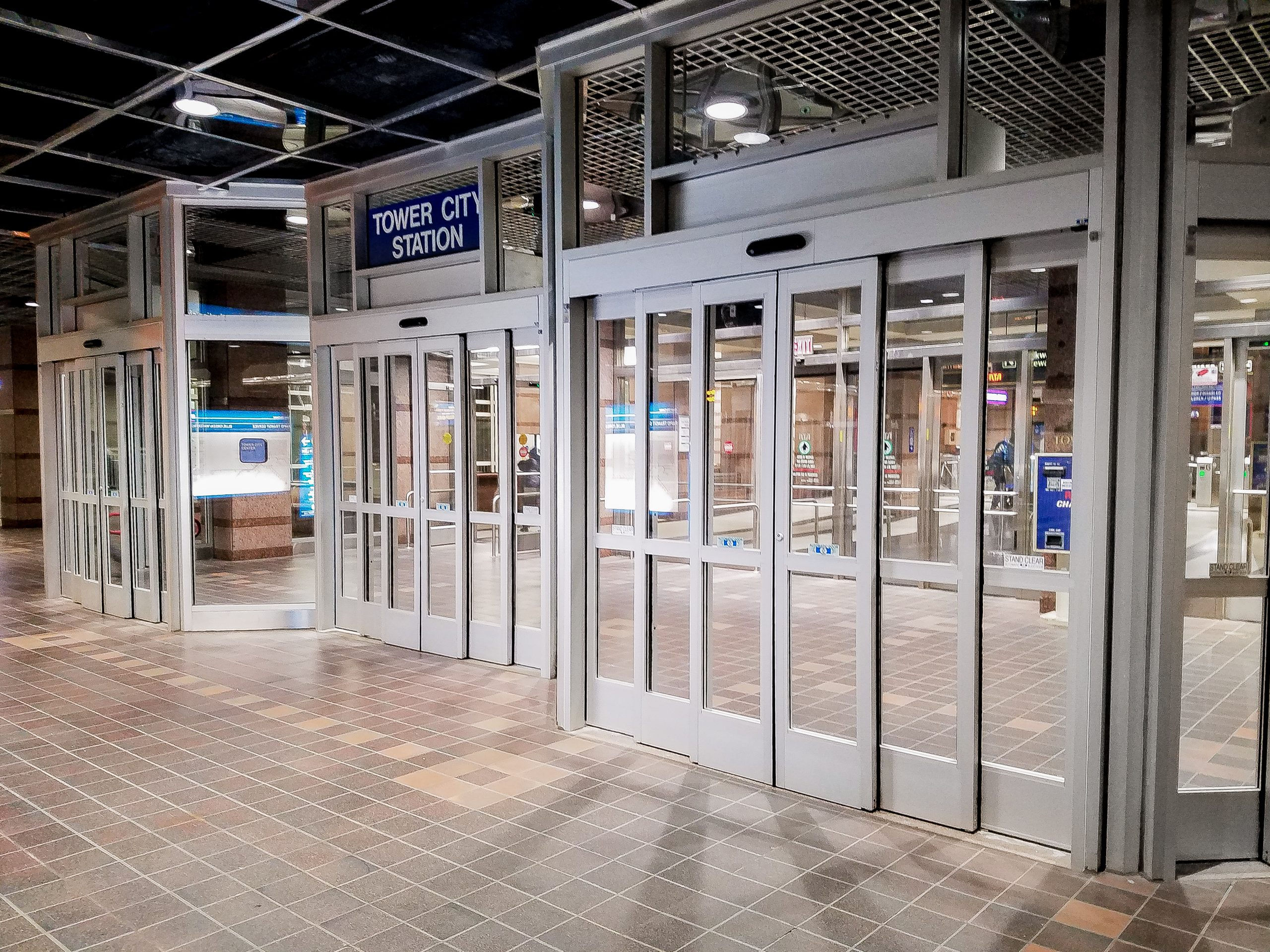 Photo of several new sliding entrance doors at Tower City Station