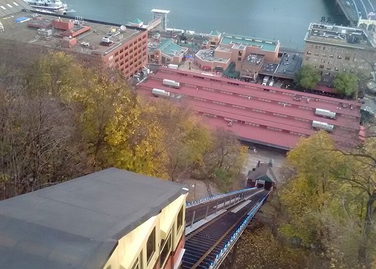 Photo looking over the Mon Incline at the Pittsburgh skyline